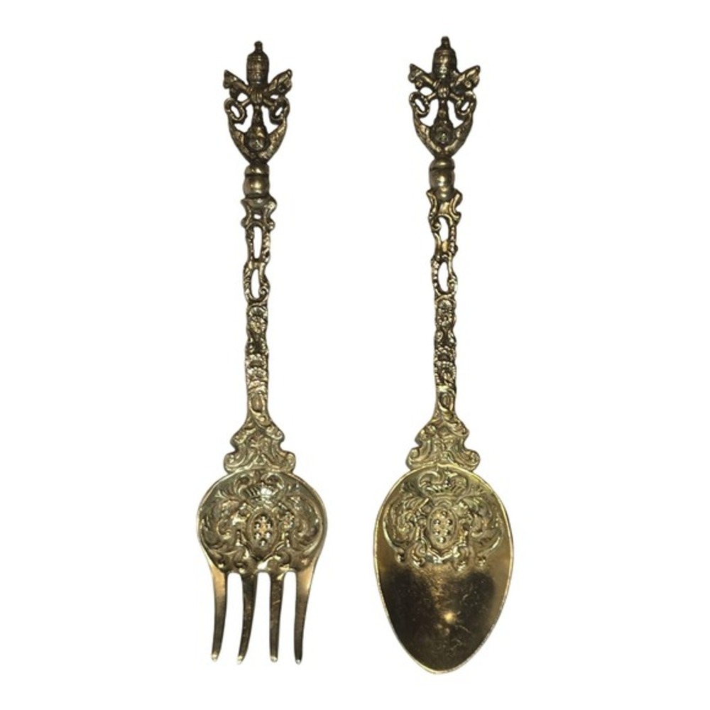 Vintage Brass Serving Set Italian Medici Crest Embossed Gold Tone Fork Spoon‎